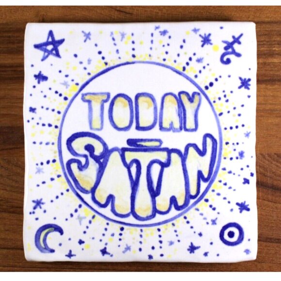 Today Satan Rude Studio Pottery Tile, Hand Made funny plant trivet surface cover - Picture 1 of 10